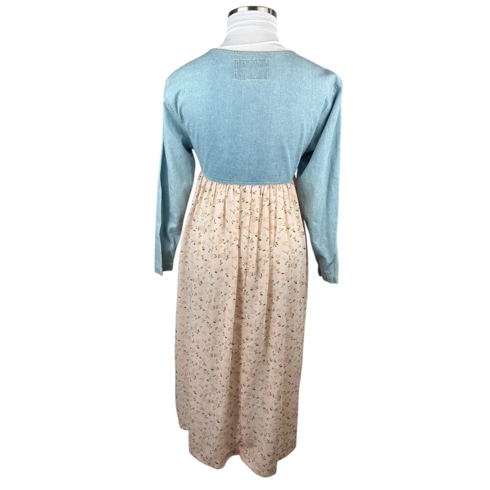 Vtg 90s Express Prairie Dress Denim Bodice Floral Maxi Cottagecore Coquette M - Picture 12 of 15